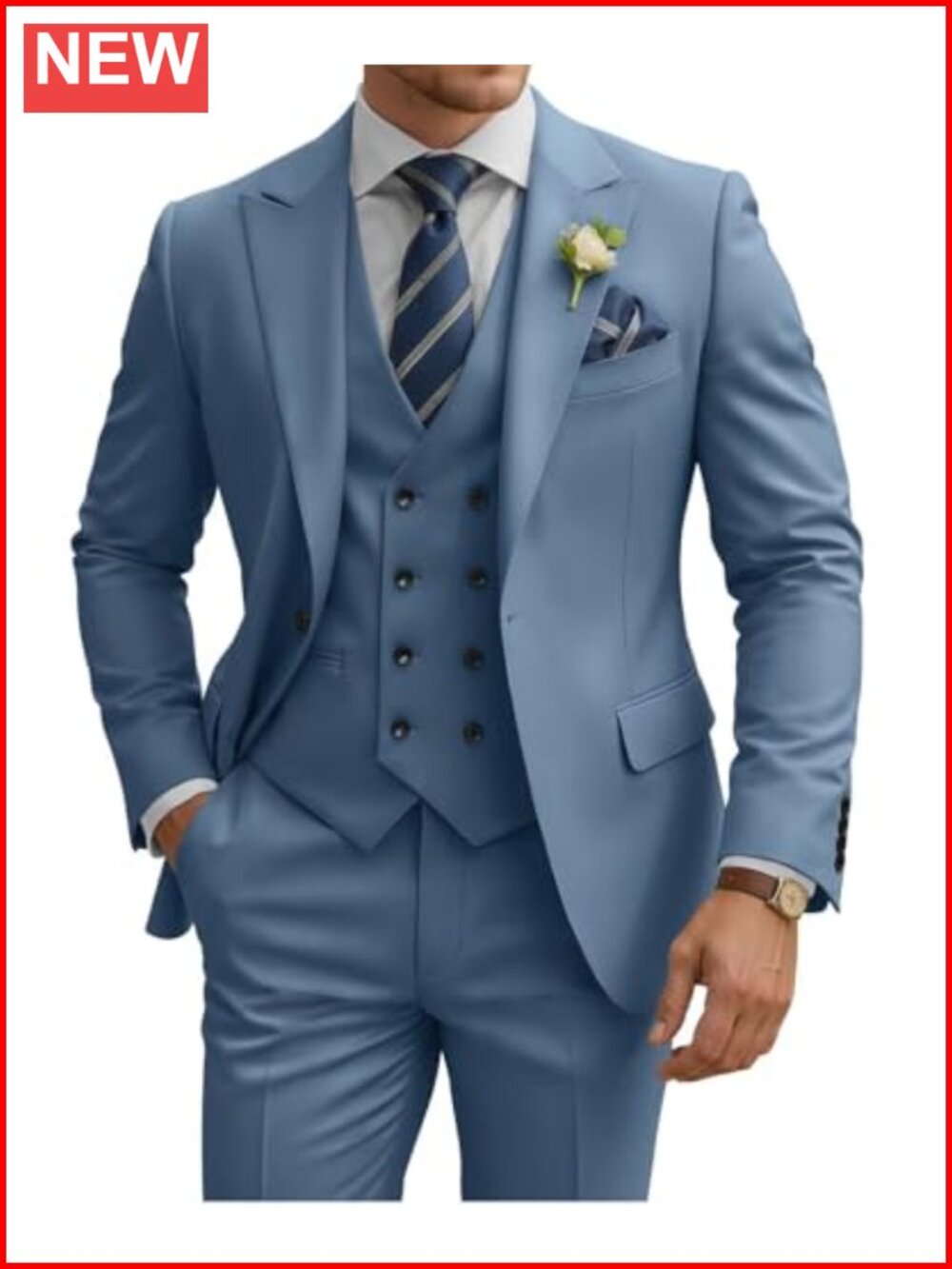 Mens 3 Piece Slim Fit Double Breasted Suit Set Vest Pant Tuxedo
